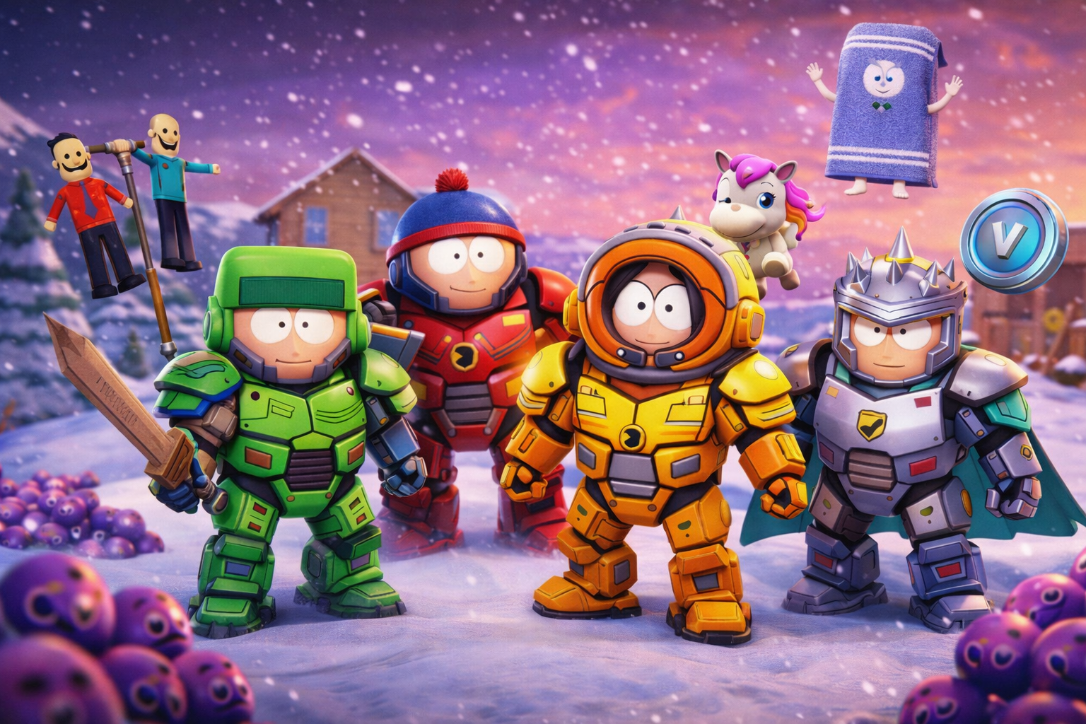 Personajes de South Park en estilo mech dentro de Fortnite, posando en un paisaje nevado con cosméticos del evento (picos y sidekick), sin textos.