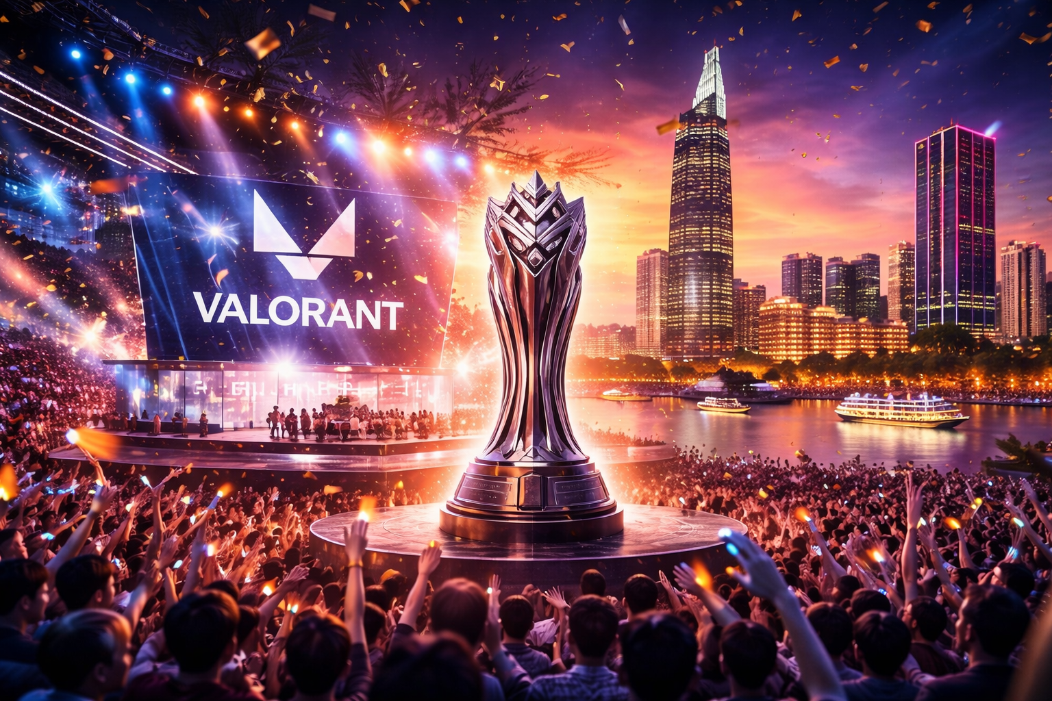 Arena repleta en Ciudad Ho Chi Minh con ambiente de VCT Pacific, trofeo iluminado y skyline de la ciudad al atardecer, sin textos.