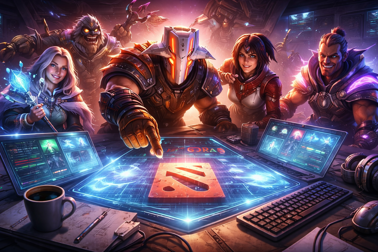 Arte digital de héroes estilo Dota 2 reunidos en un “lab” tech con pantallas y hologramas, enfocado en mejoras de desarrollo y experiencia de usuario, sin texto.