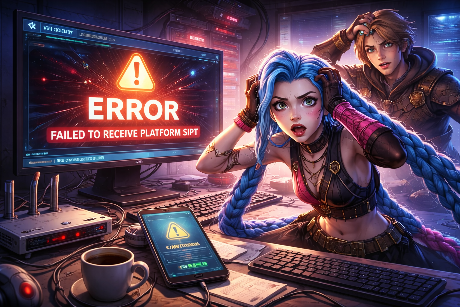 Pantalla de PC con error de conexión del cliente de League of Legends, con estética gamer y luces neón, mostrando un aviso de fallo tipo SIPT, sin marcas ni texto legible.