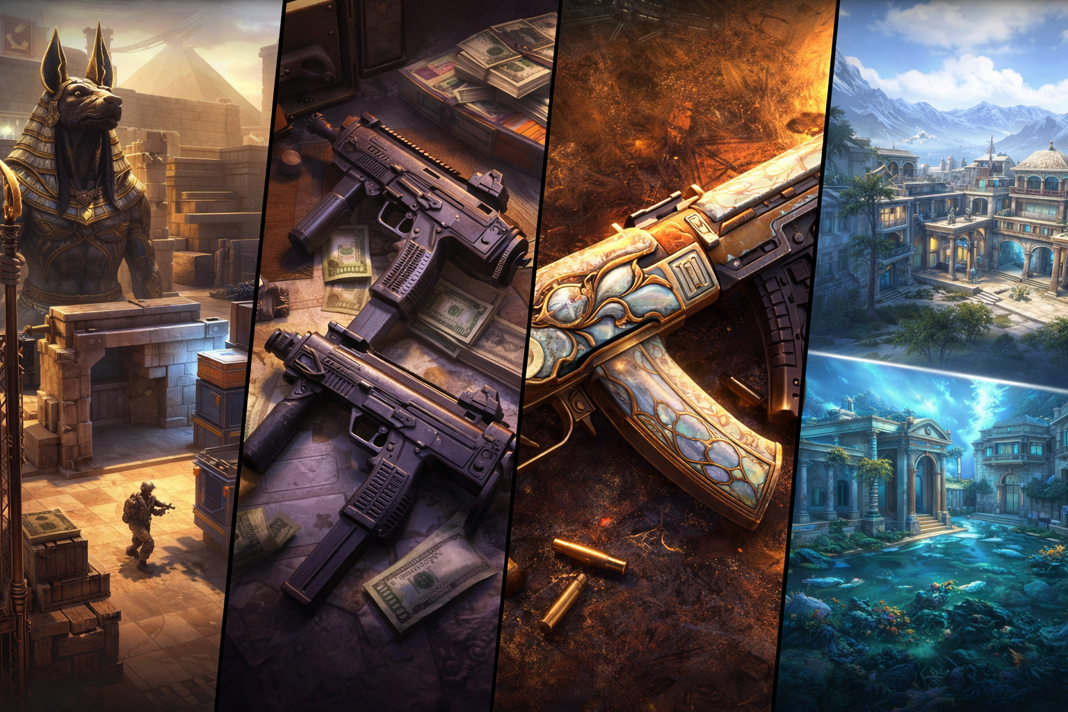 Collage de CS2 Season 4 con Anubis rework, SMG buffeados, AK-47 Aphrodite edición limitada y nuevos mapas de la comunidad, estilo esports, sin textos.