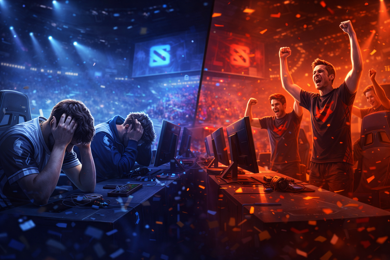 Escenario de torneo de Dota 2 con Team Liquid cabizbajo en sus PCs y MOUZ celebrando al frente, confeti y luces de estadio, sin texto.