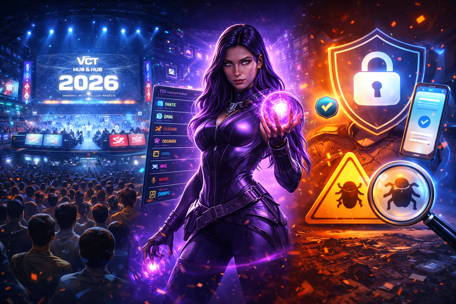 Imagen promo estilo VALORANT con una sola escena: Reyna al frente en un estadio esports, pantallas del Esports Hub VCT 2026 al fondo y símbolos de seguridad MFA/bug fixes integrados en la interfaz, sin texto.