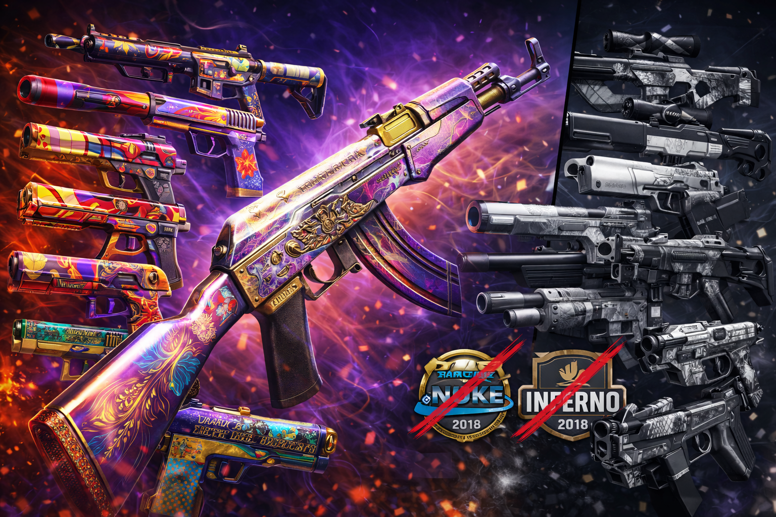 Banner de CS2 con contraste Harlequin vs Achroma: armas con skins súper coloridas a la izquierda, skins blanco/negro a la derecha y un AK-47 estilo “Aphrodite” al centro, sin texto.