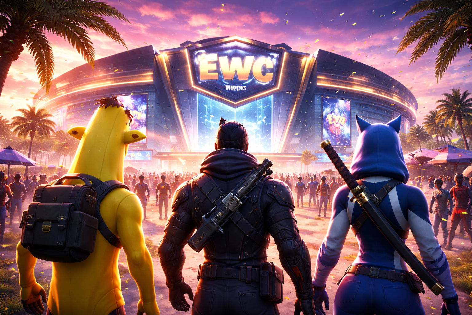 Personajes de Fortnite mirando un estadio de la Esports World Cup en Riad, representando la ausencia en 2025 y el regreso en 2026 con Reload