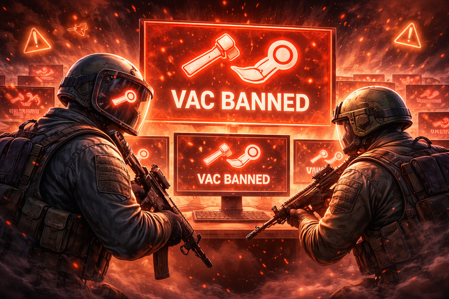 Operativos estilo Counter-Strike frente a pantallas de VAC, mostrando una ola masiva de bans tras la Steam Summer Sale