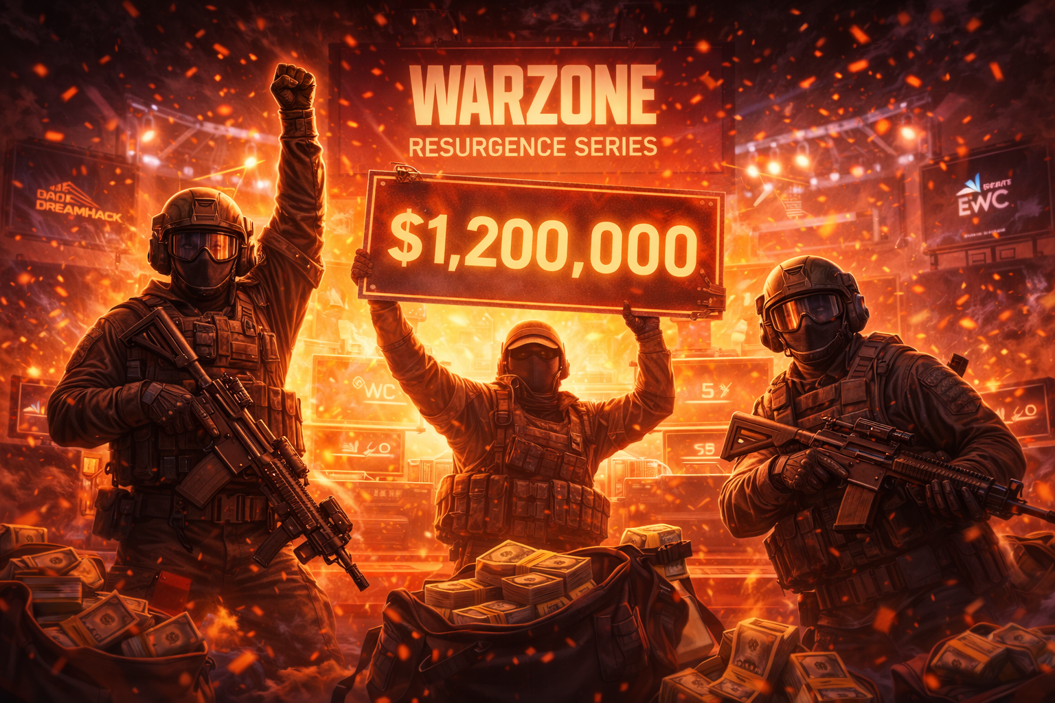 Trío de soldados estilo Warzone celebrando en un escenario esports con confeti, representando la Resurgence Series y su pozo millonario rumbo a la EWC 2026