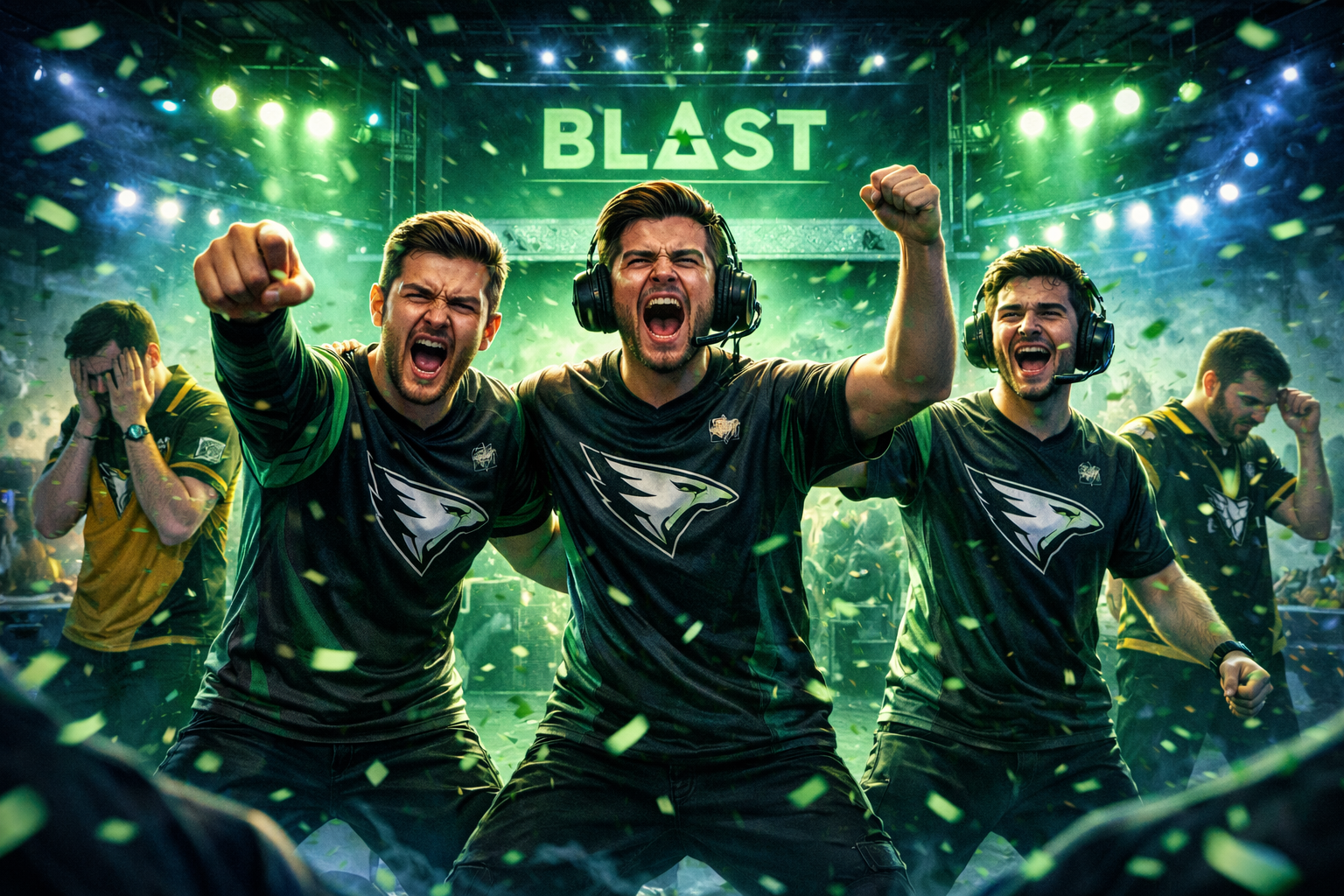 Jugadores de Falcons celebrando con confeti verde y luces neón tras vencer a Vitality y meterse a la final del BLAST Bounty