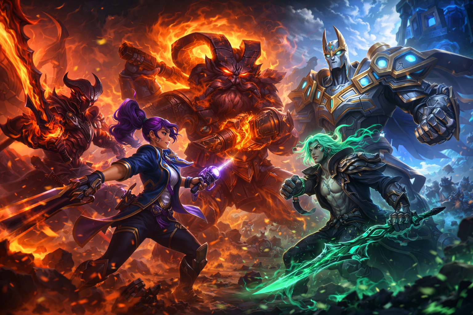 Escena de batalla tipo Summoner’s Rift con Aatrox, Samira, Ornn, Galio y Viego enfrentándose con efectos de habilidades y minions al fondo