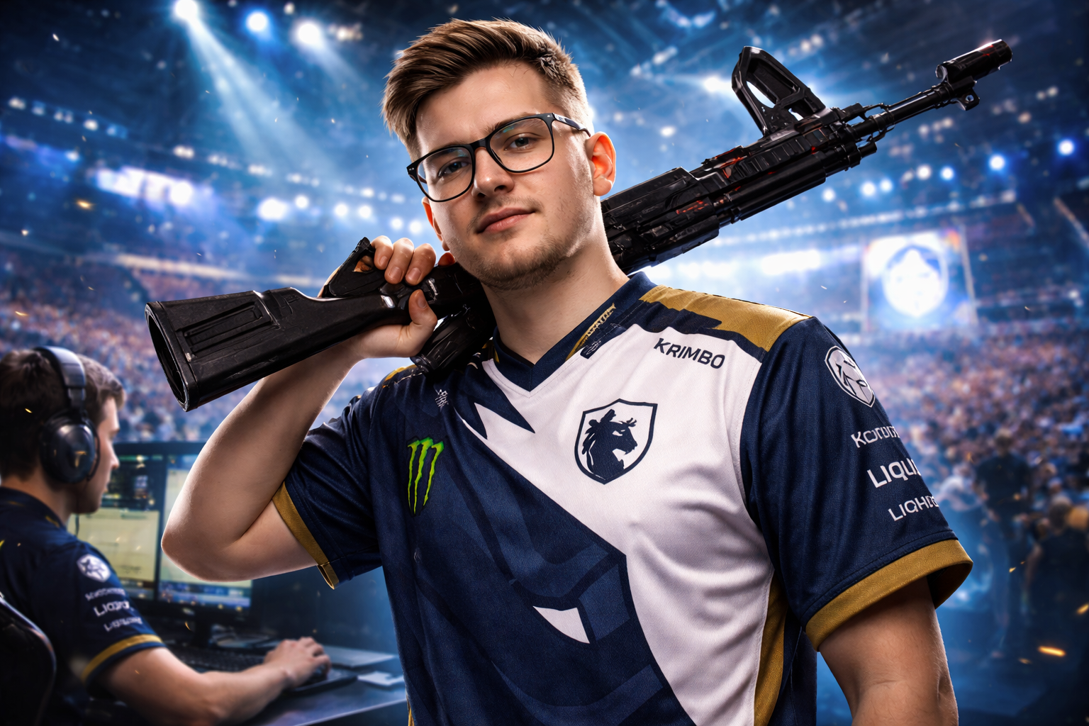 Krimbo con la camiseta de Team Liquid en un escenario de esports, como reemplazo de NAF para el IEM Krakow 2026