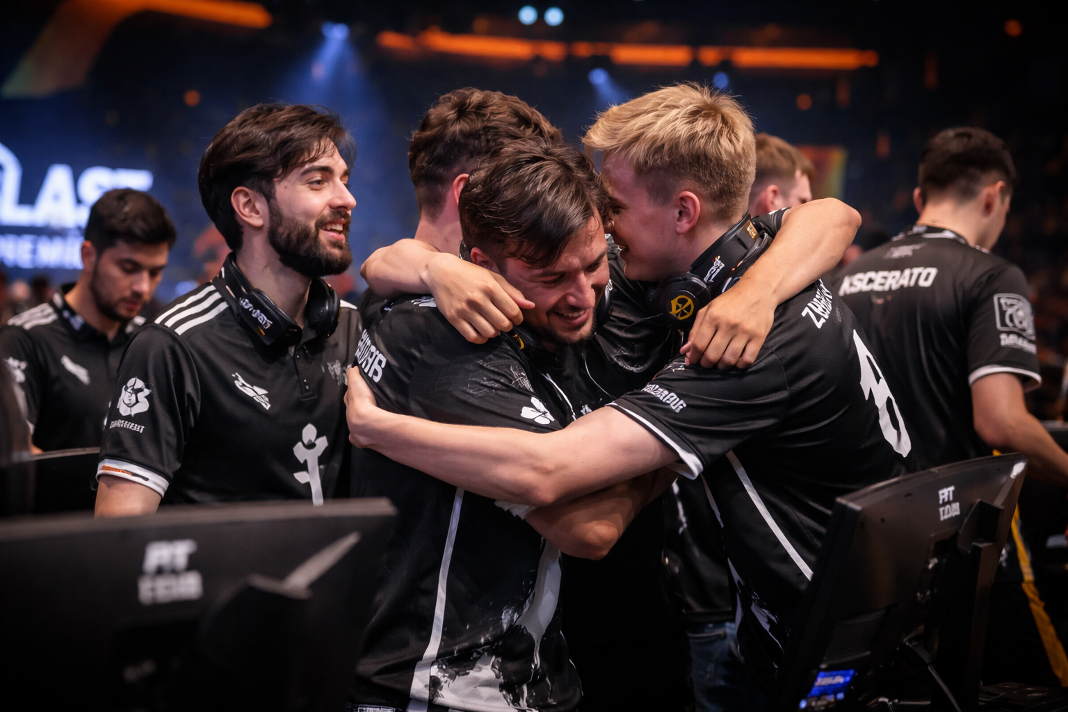 Jugadores de PARIVISION celebrando la victoria ante FURIA en BLAST Bounty, con escenario de esports al fondo.