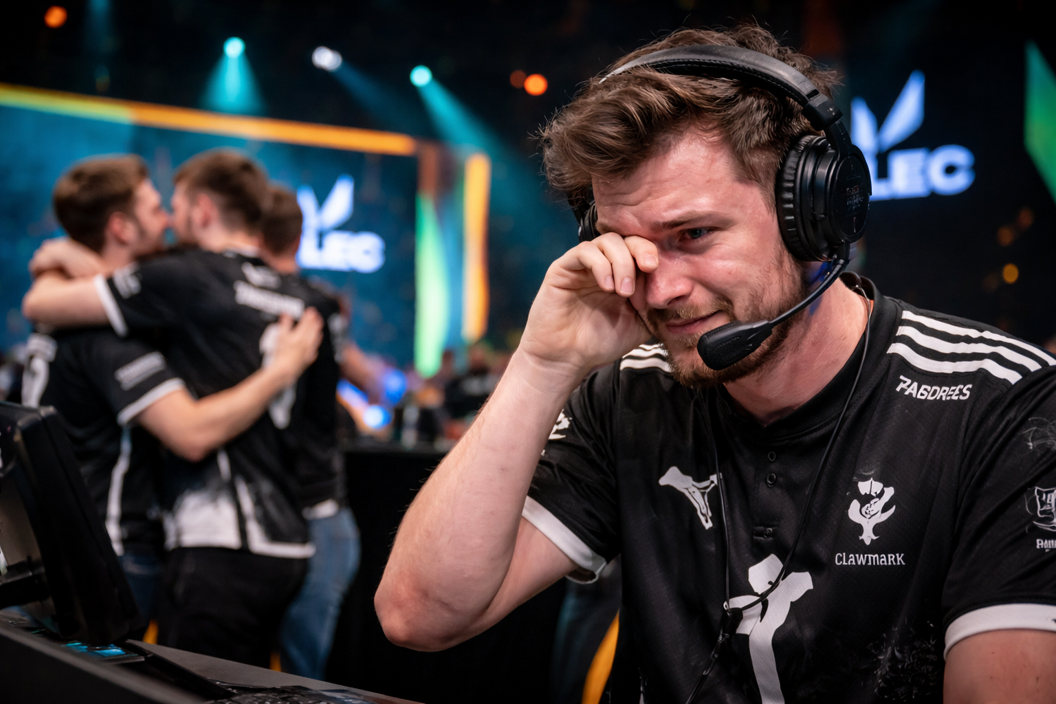 Caedrel se emociona en el desk tras el primer triunfo de Los Ratones en LEC Versus, con el equipo celebrando de fondo.