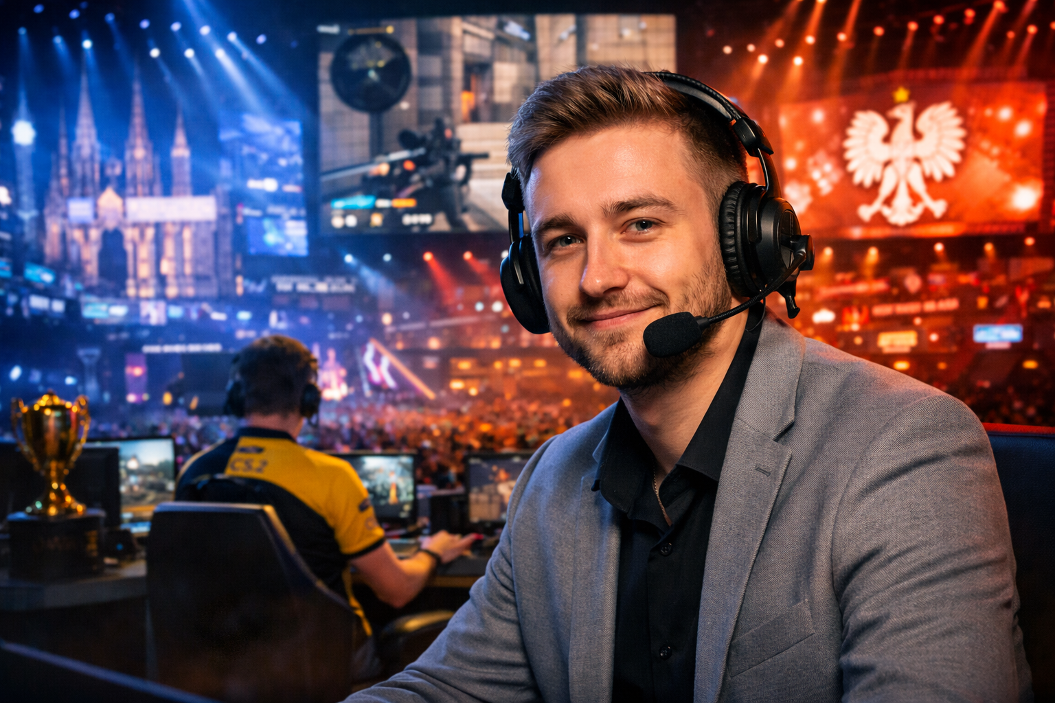 Caster de CS2 en el desk con audífonos, con el escenario y la fanaticada de un torneo tipo IEM de fondo.