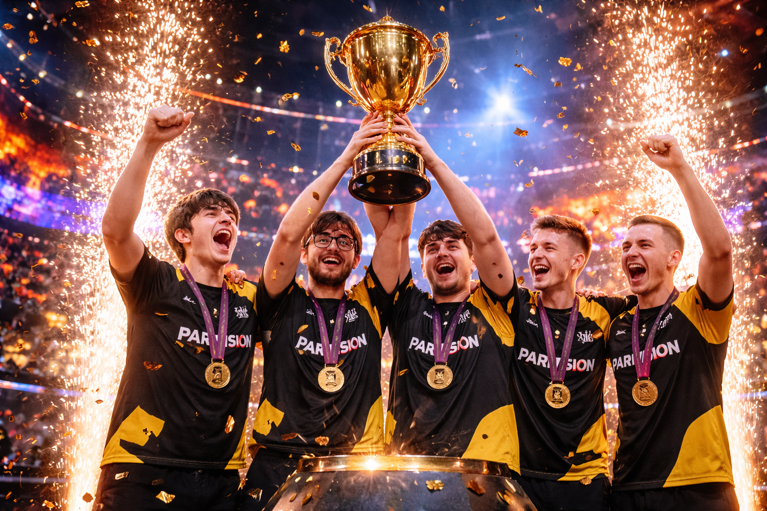 PARIVISION celebrando el título de BLAST Bounty 2026, levantando el trofeo en el escenario con fuegos y confeti de fondo.