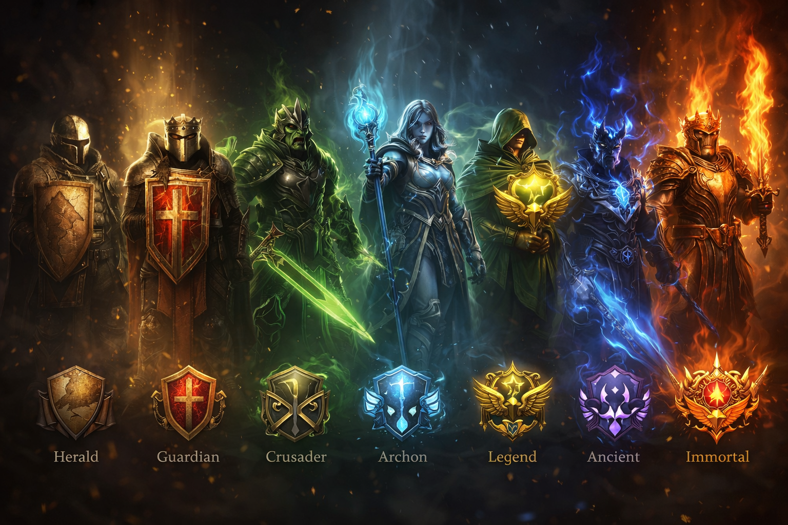 Ilustración épica inspirada en Dota 2 con emblemas de ranks y ambiente competitivo, ideal para explicar MMR y el sistema de ranking.