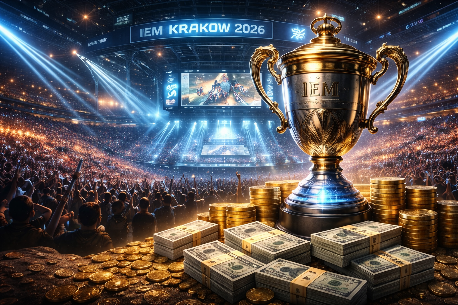 Arena repleta en IEM Krakow 2026 con el trofeo al frente y ambiente de Counter-Strike, ideal para nota de equipos, calendario y resultados.