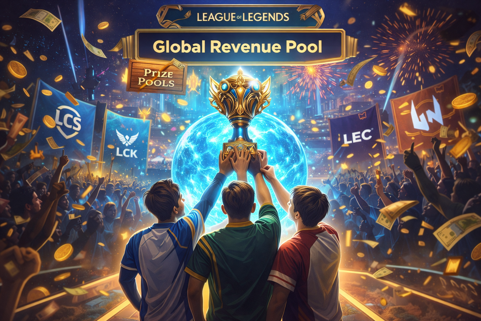 Ilustración que representa el cambio de League of Legends desde los Prize Pools tradicionales al sistema Global Revenue Pool de Riot Games