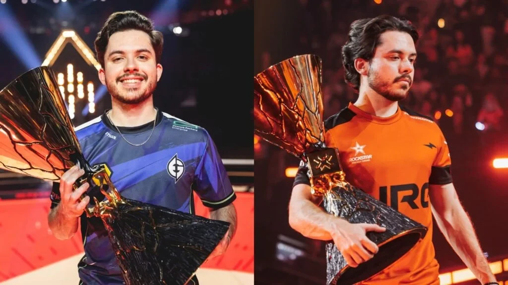 Ethan sostiene el trofeo de VALORANT Champions como jugador de Evil Geniuses en 2023 y de NRG en 2025.