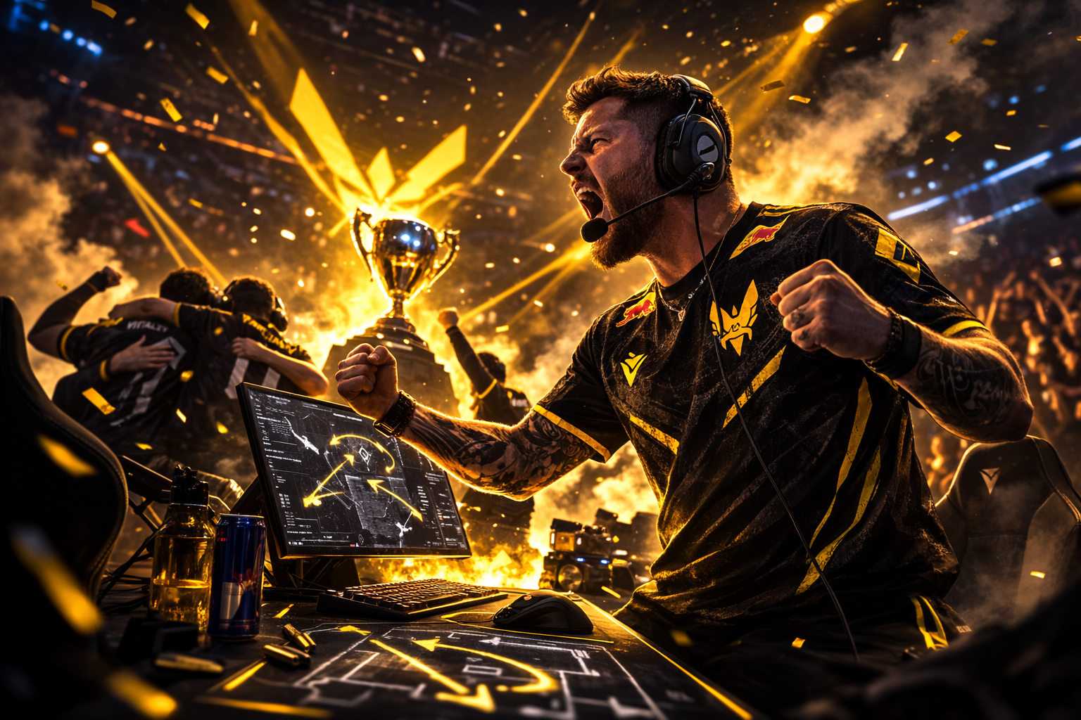 Líder de Vitality celebrando y gritando en un escenario de CS2, reflejando intensidad y liderazgo