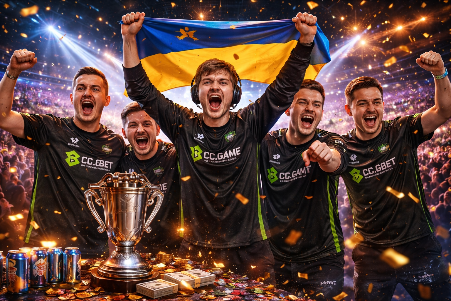 s1mple lidera la celebración de BC.Game tras su primera victoria LAN en IEM Kraków, con luces de escenario y confeti de fondo