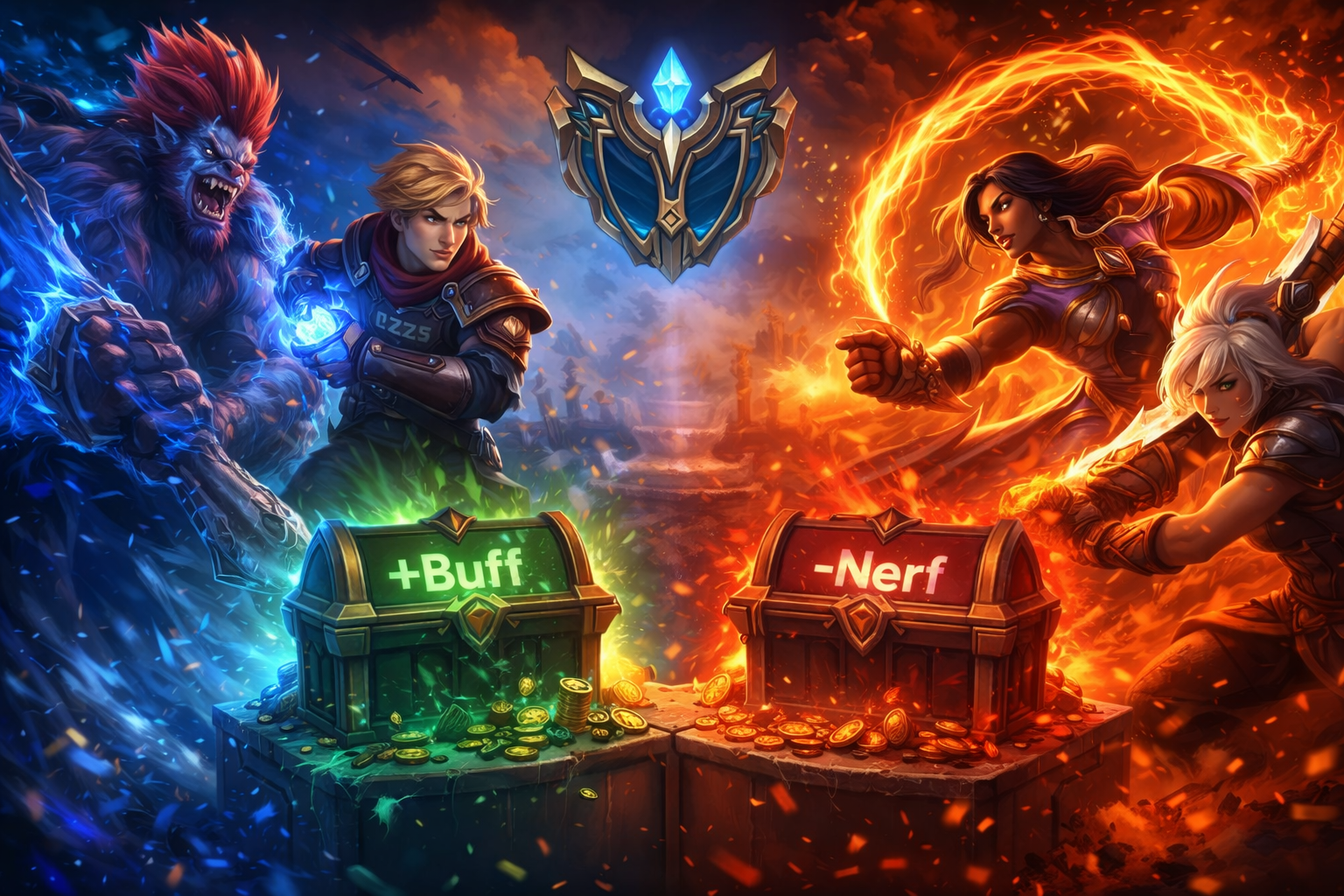 Arte promocional del parche 26.3 de LoL con campeones enfrentados y cofres de “buff” y “nerf”, ideal para notas de cambios de la temporada.