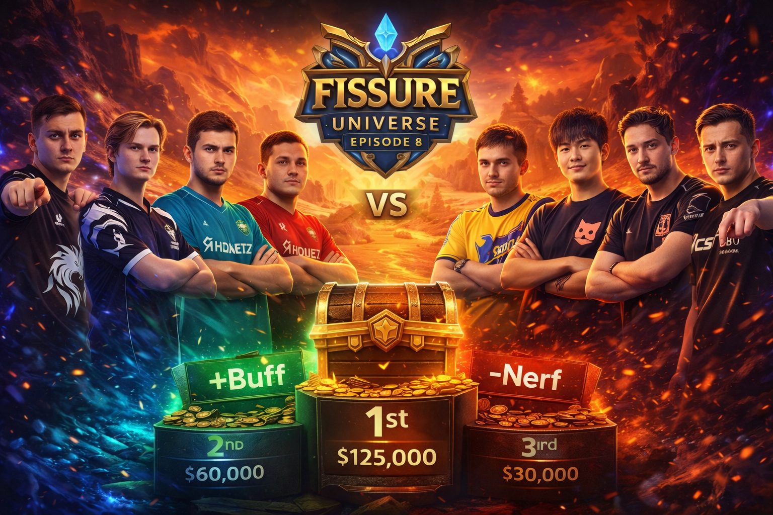 Banner del torneo Dota 2 FISSURE Universe Episode 8, con jugadores enfrentados y ambiente competitivo de esports.