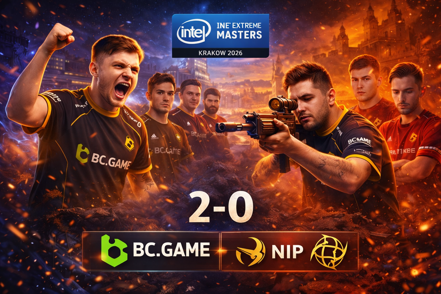 s1mple lidera a BC.Game en un partido de CS2 durante IEM Kraków 2026, celebrando la clasificación a Stage 2 tras vencer a Ninjas in Pyjamas.