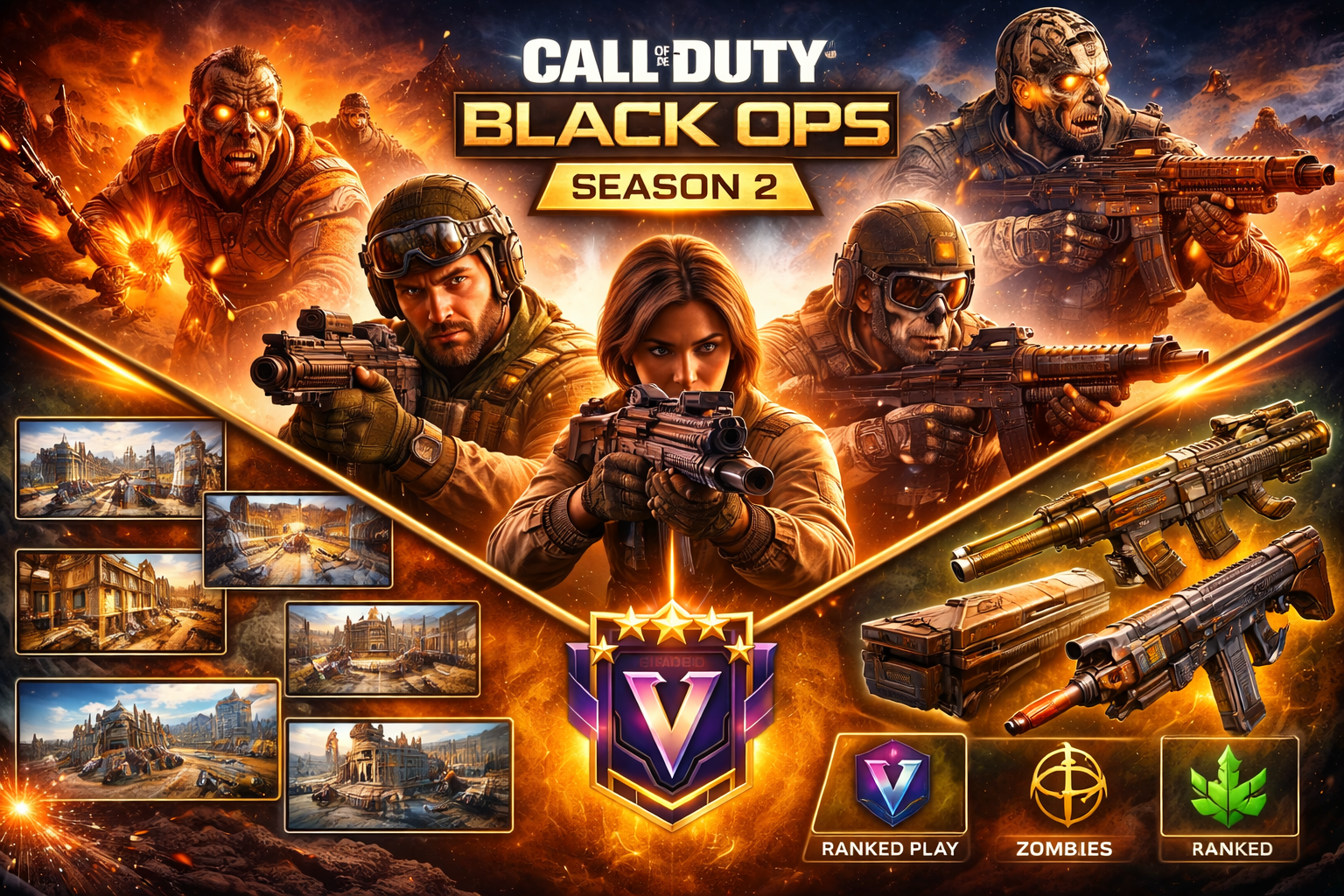 Banner de Call of Duty: Black Ops 7 Temporada 2 con soldados en combate, explosiones y equipamiento táctico, ideal para nota de esports.