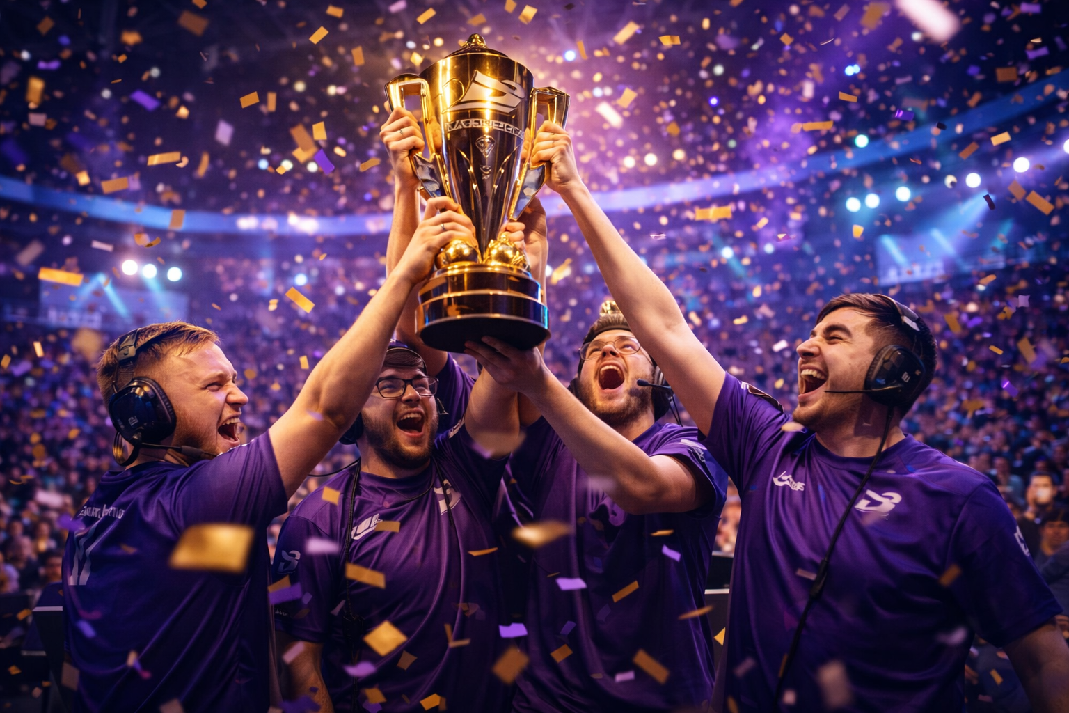 Jugadores de Paris Gentle Mates levantando el trofeo del CDL Major 1 2026 entre confeti en el escenario.