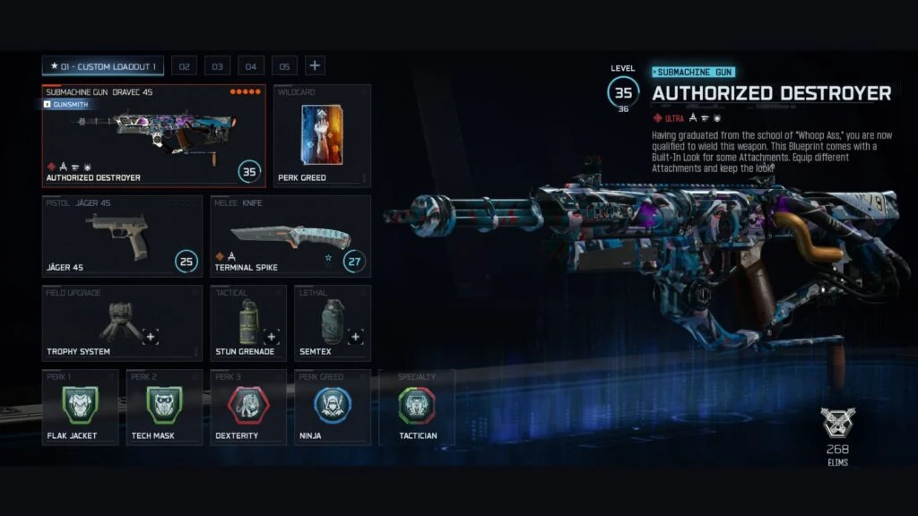 Best Dravec-45 class setup in Black Ops 7 Ranked Play, showing the most optimal pistol, field upgrade, equipment, and perks