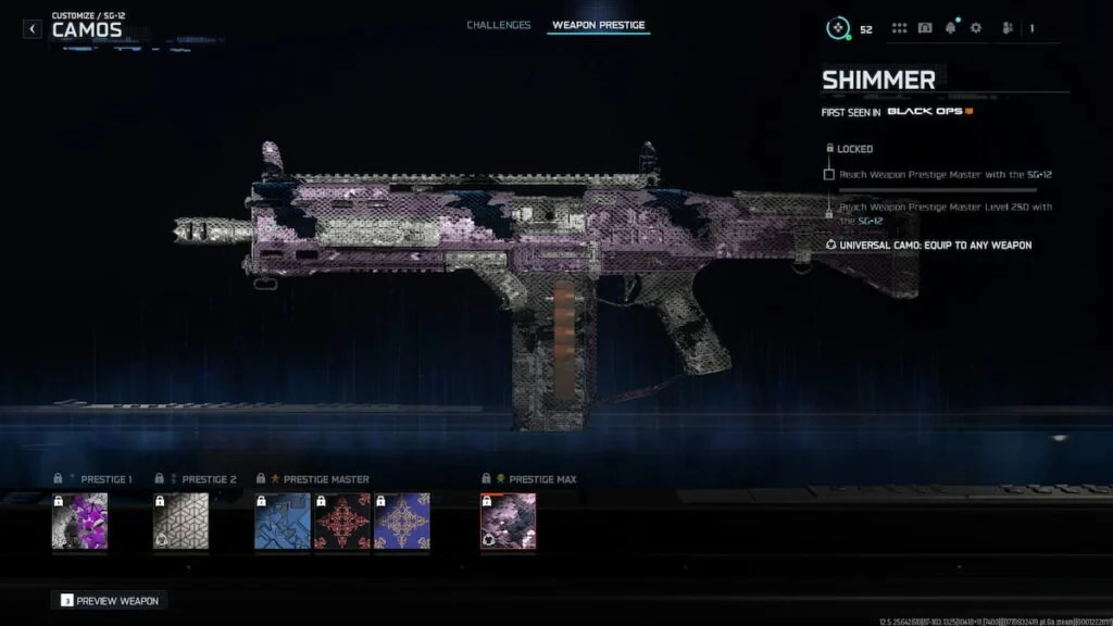 Desafíos de camuflajes de Prestige para la SG-12 en Black Ops 7