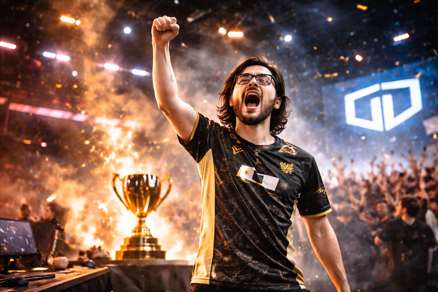 Jugador de esports celebrando con el puño en alto tras vencer a MOUZ y meterse a la final del PGL Cluj-Napoca 2026