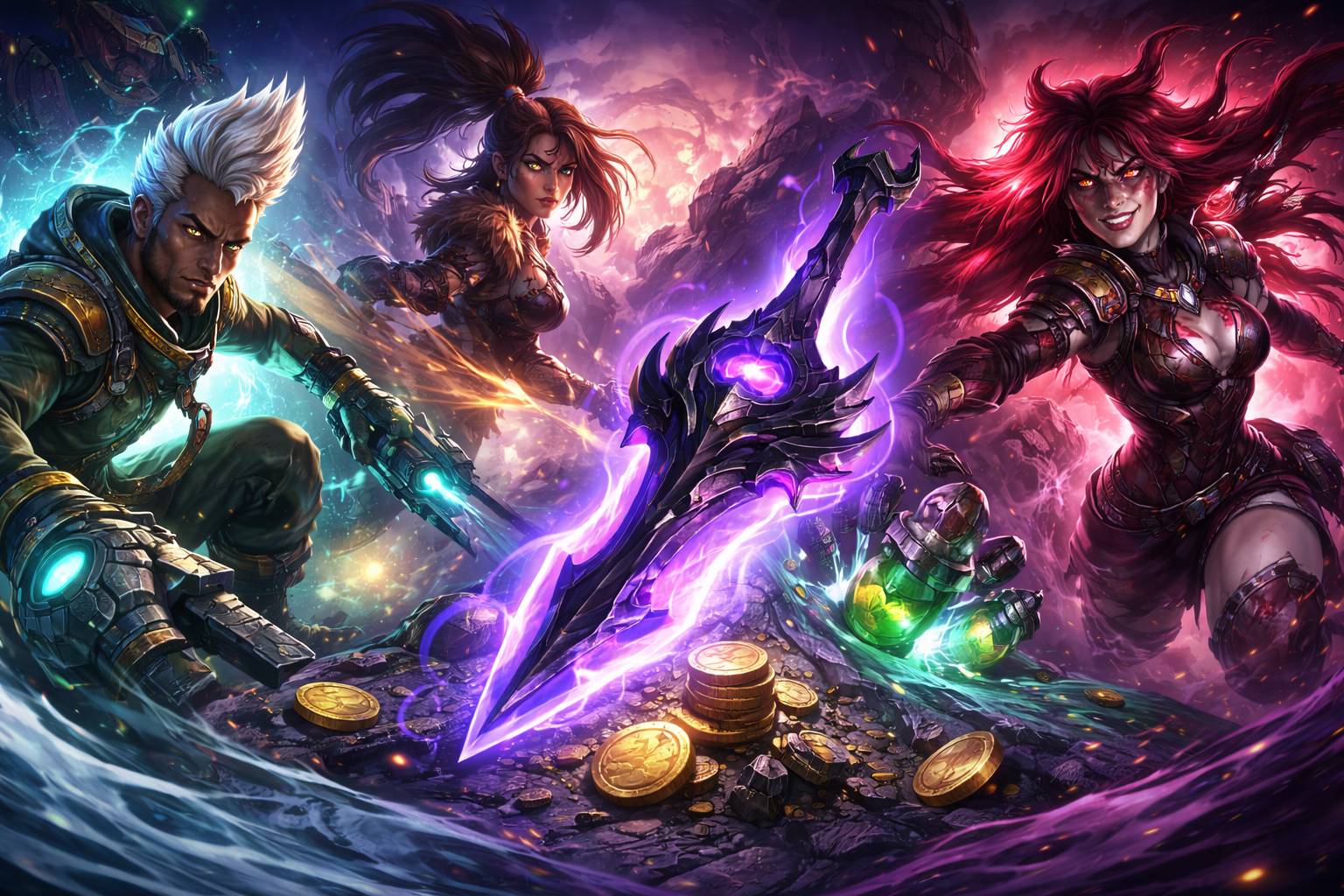 Campeones de LoL y objetos clave en una escena de combate del parche 26.3