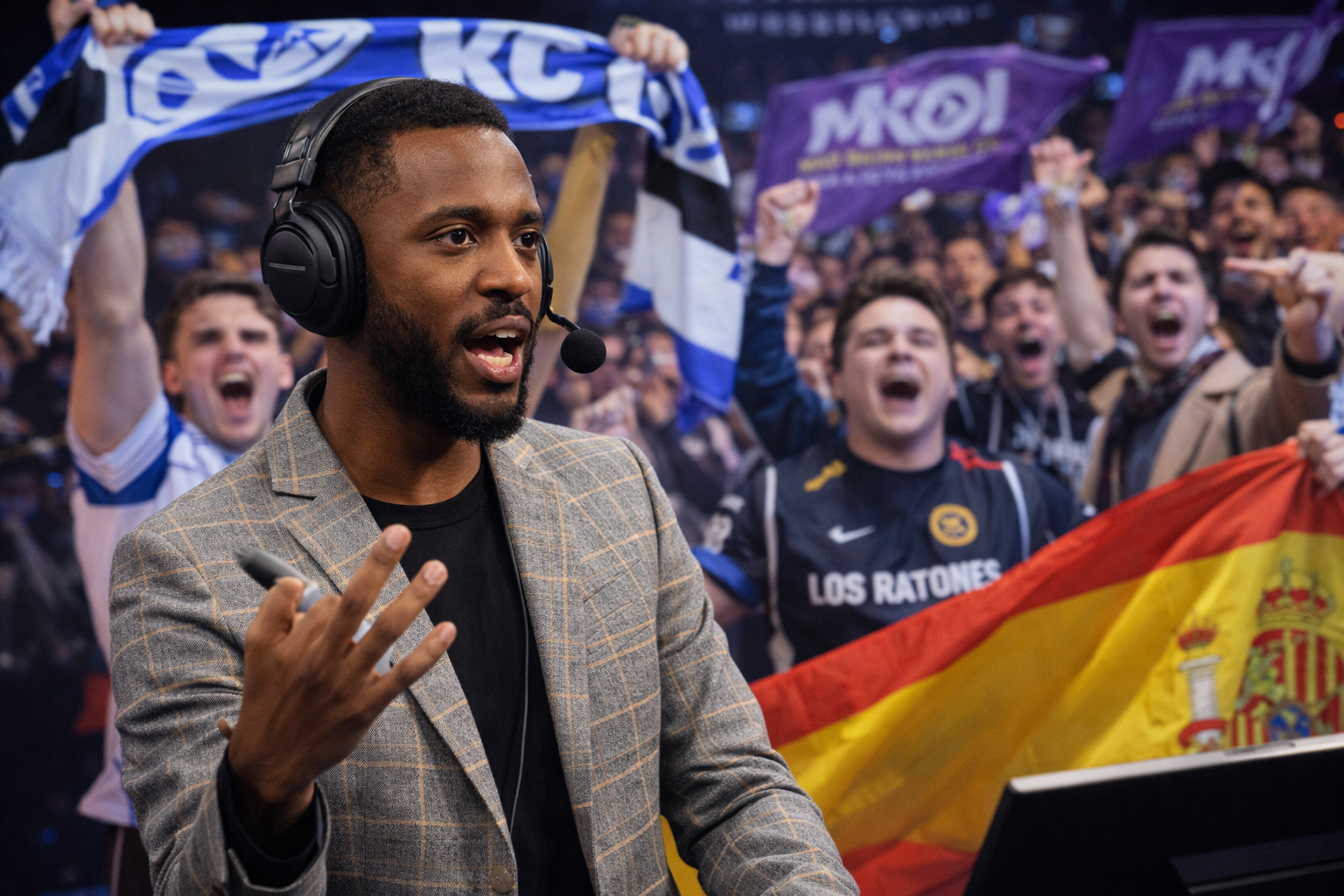 Raz comentando en evento de LoL con hinchada europea prendida y banderas al fondo.