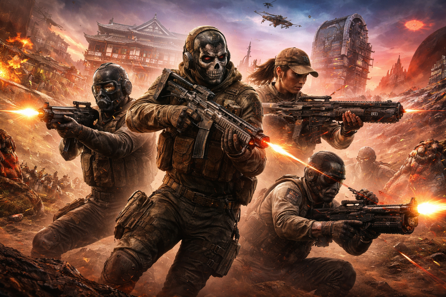 Operadores en combate en Black Ops 7 Temporada 2 con acción intensa y fondo futurista.