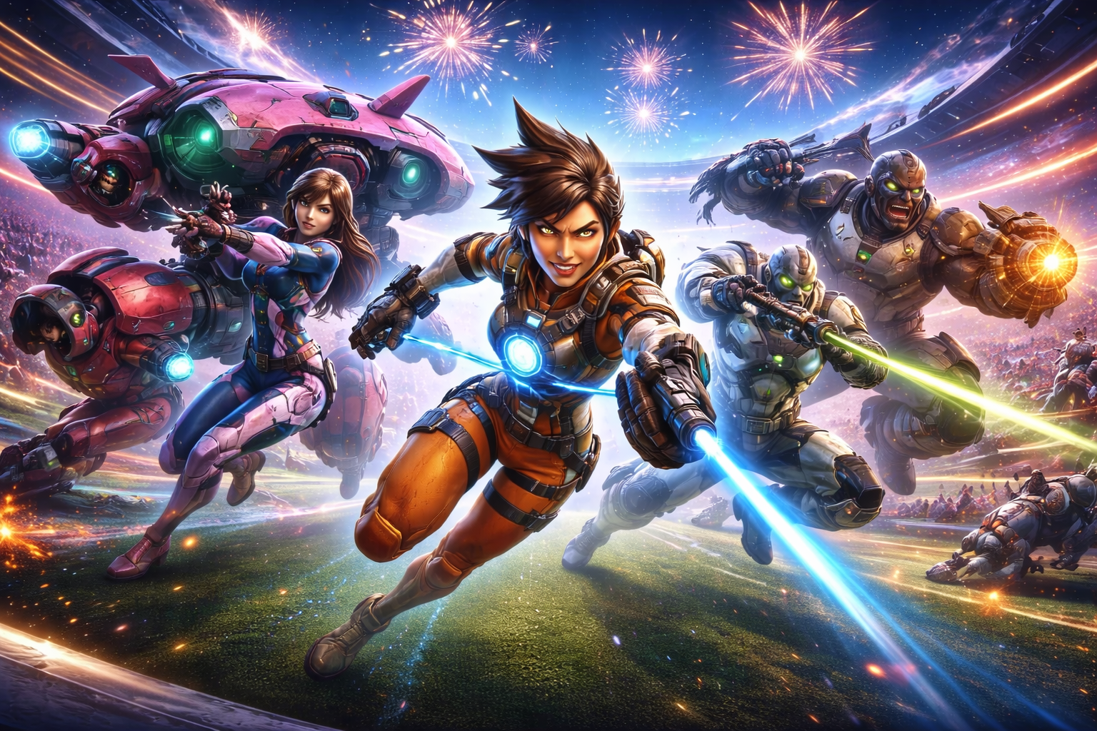 Héroes de Overwatch en una arena futurista celebrando el rebrand 2026, con fuegos artificiales y acción PvP.