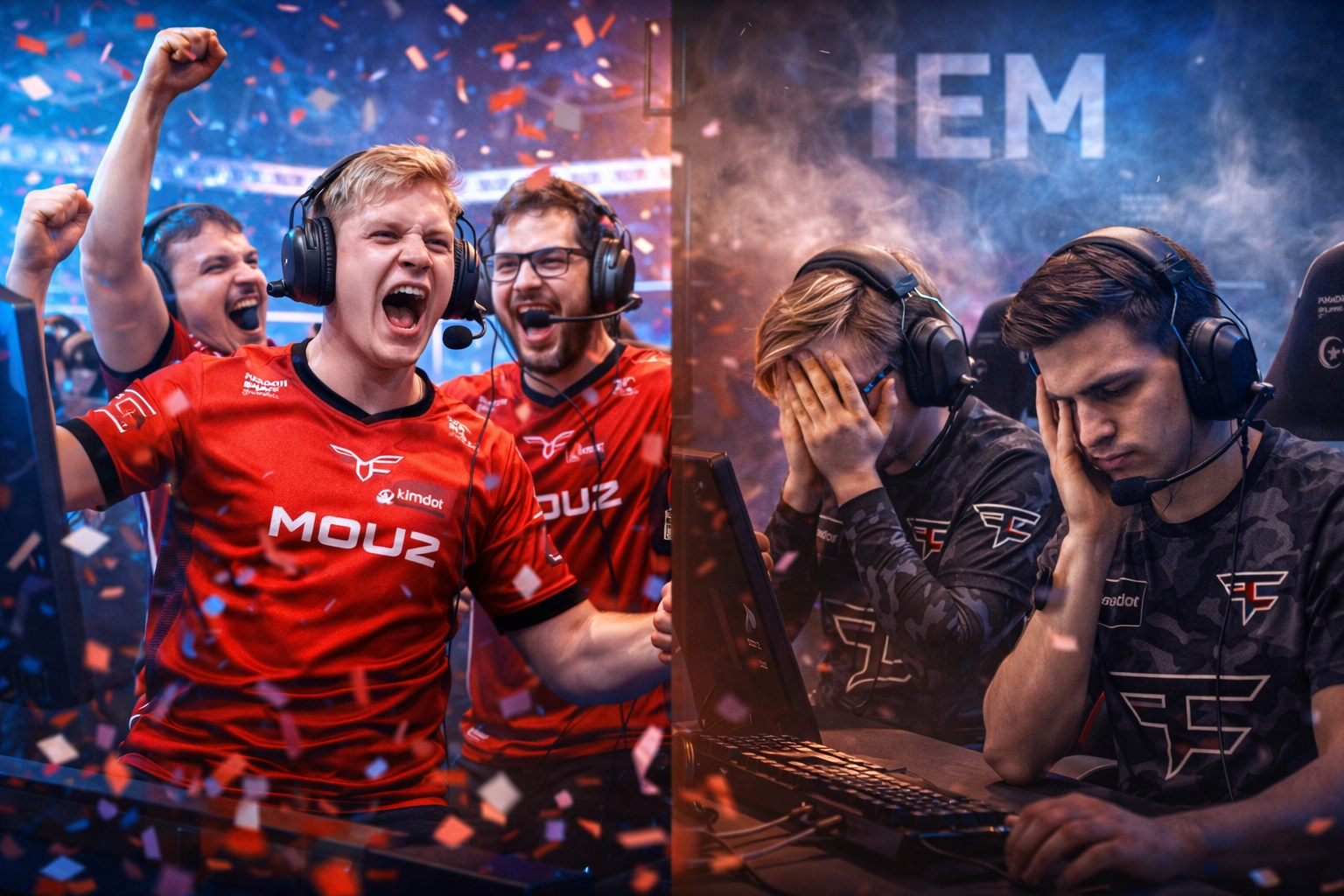 Jugadores de MOUZ celebrando en escenario tras eliminar a FaZe en IEM Krakow 2026, con confeti y la escuadra rival frustrada en sus PCs.