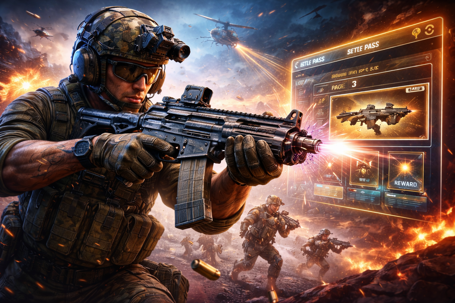 Operador disparando la SMG REV-46 en combate en BO7 y Warzone, con interfaz del Pase de Batalla mostrando la recompensa de la Página 3.