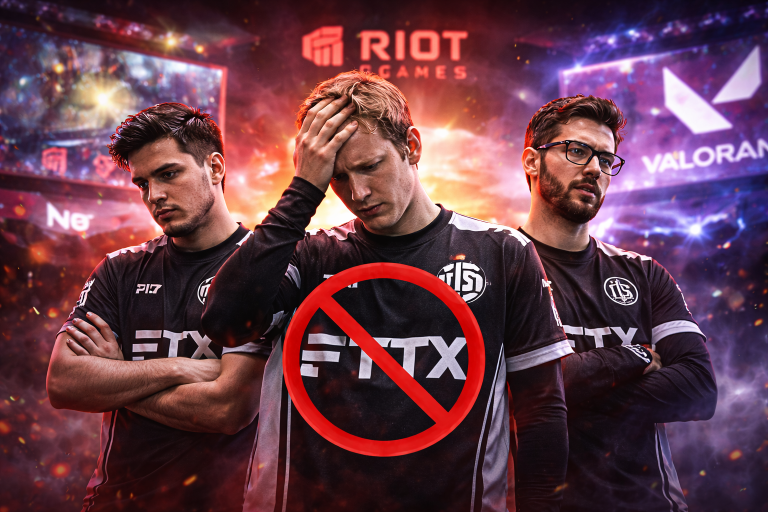 Jugadores de TSM con la marca FTX censurada en la camiseta, con referencias a League of Legends y VALORANT en el fondo, simbolizando las restricciones de Riot.