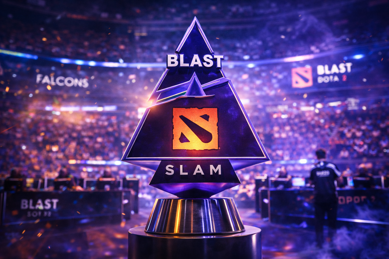 Trofeo del BLAST Slam 6 de Dota 2 en primer plano, con luces moradas y azules y el escenario LAN de fondo en Malta.