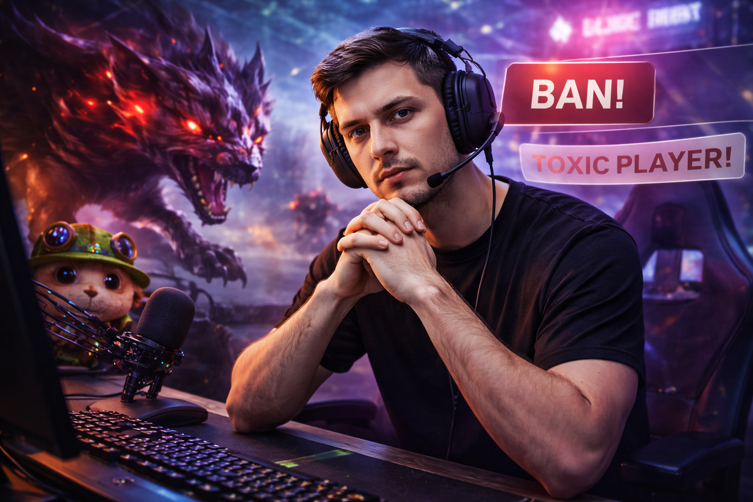 Streamer de LoL en su setup con expresión seria, con alertas de “ban” y referencias a toxicidad en pantalla, representando el caso de Tarzaned y su intento de cambiar.