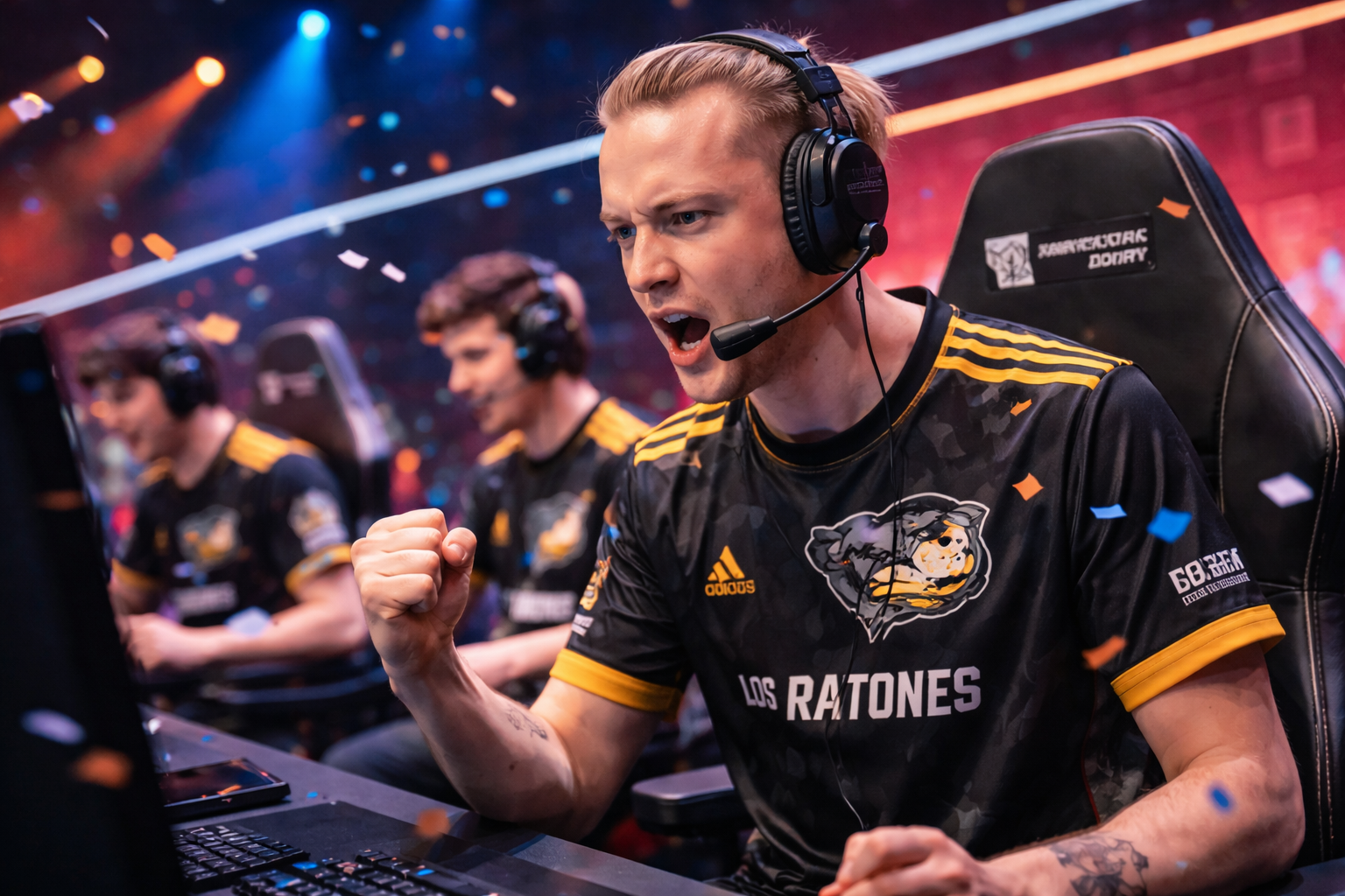 Rekkles celebrando en el escenario con la camiseta de Los Ratones, con confeti y luces del evento detrás, tras liderar el KDA en LEC Versus 2026.