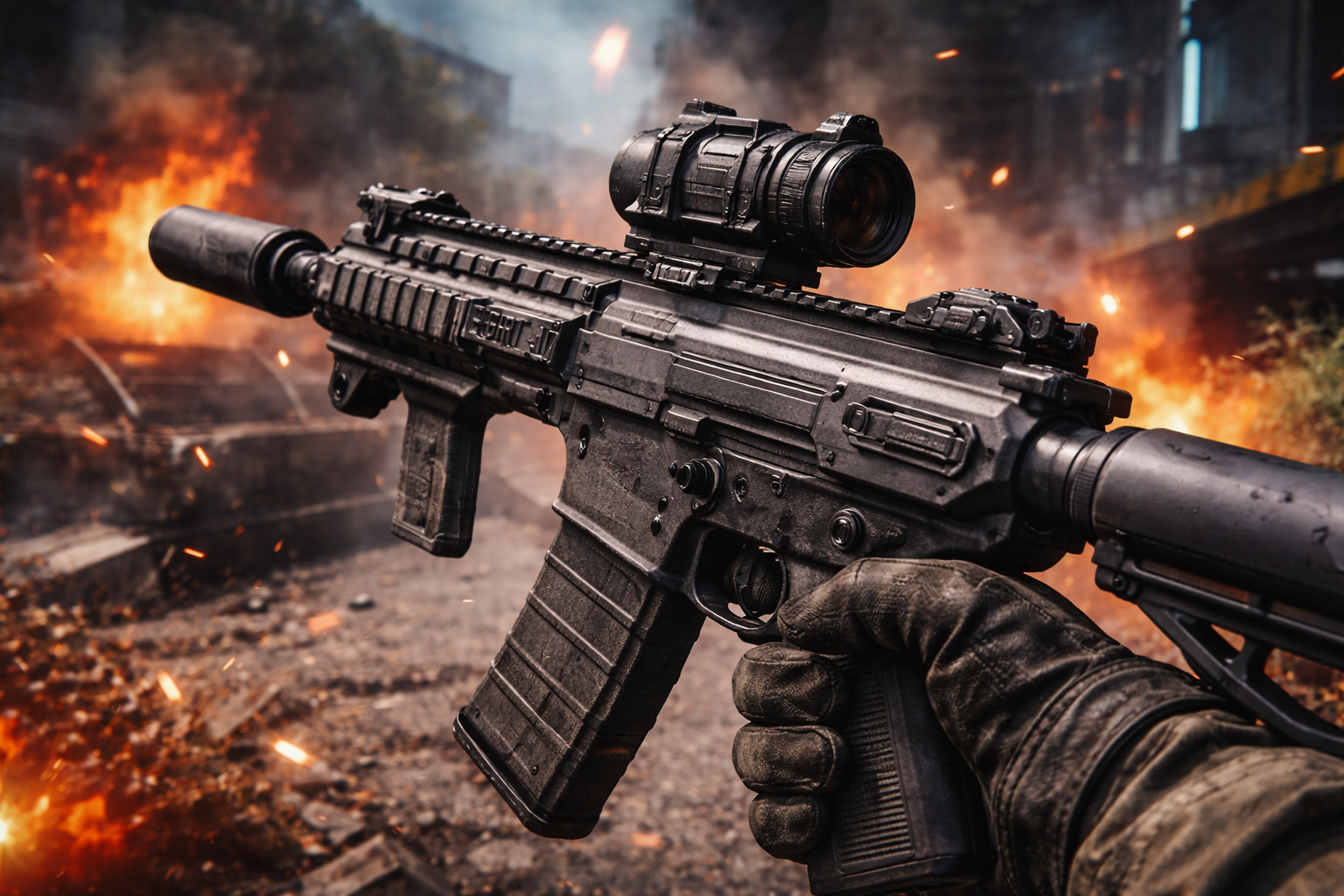 Primer plano del EGRT-17 con supresor y accesorios en medio de un tiroteo, con explosiones y humo de fondo, representando el mejor loadout en Black Ops 7.