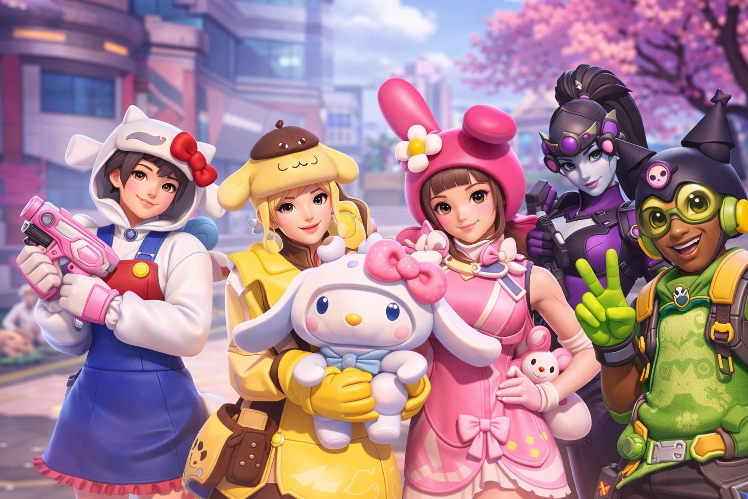 Héroes de Overwatch con skins inspiradas en Hello Kitty & Friends posando juntos en un escenario colorido y futurista de la Temporada 1, con estética Sanrio.