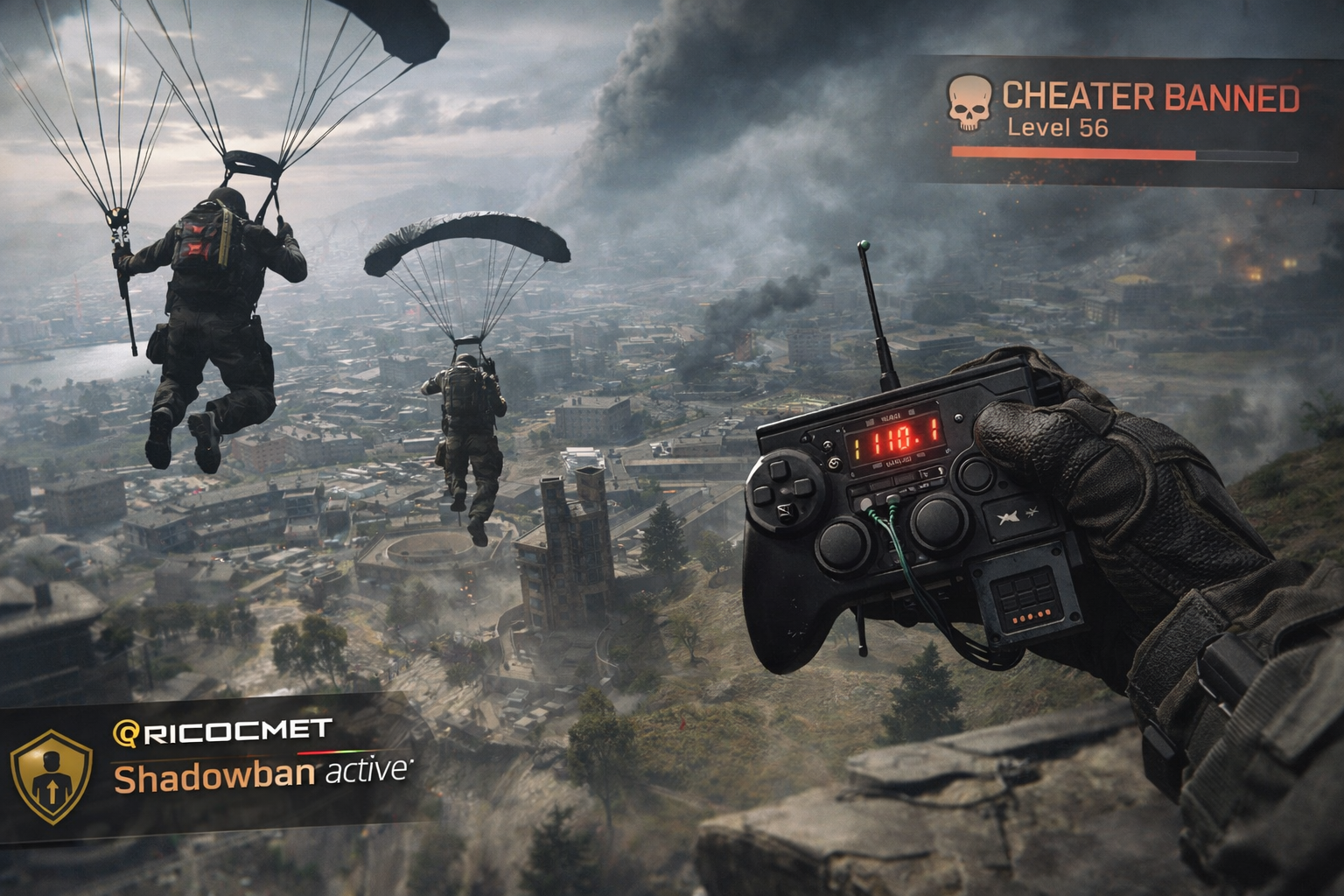 Operadores descendiendo en paracaídas sobre Haven’s Hollow con un aviso de RICOCHET Anti-Cheat, representando la mayor “presión de cheaters” en Warzone Ranked durante la Temporada 2.