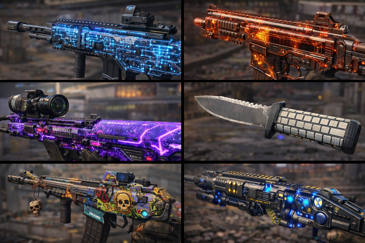 Collage de armas en Black Ops 7 mostrando camos de Prestigio (azul neón, lava naranja, morado eléctrico, grafiti) con fondo urbano desenfocado.