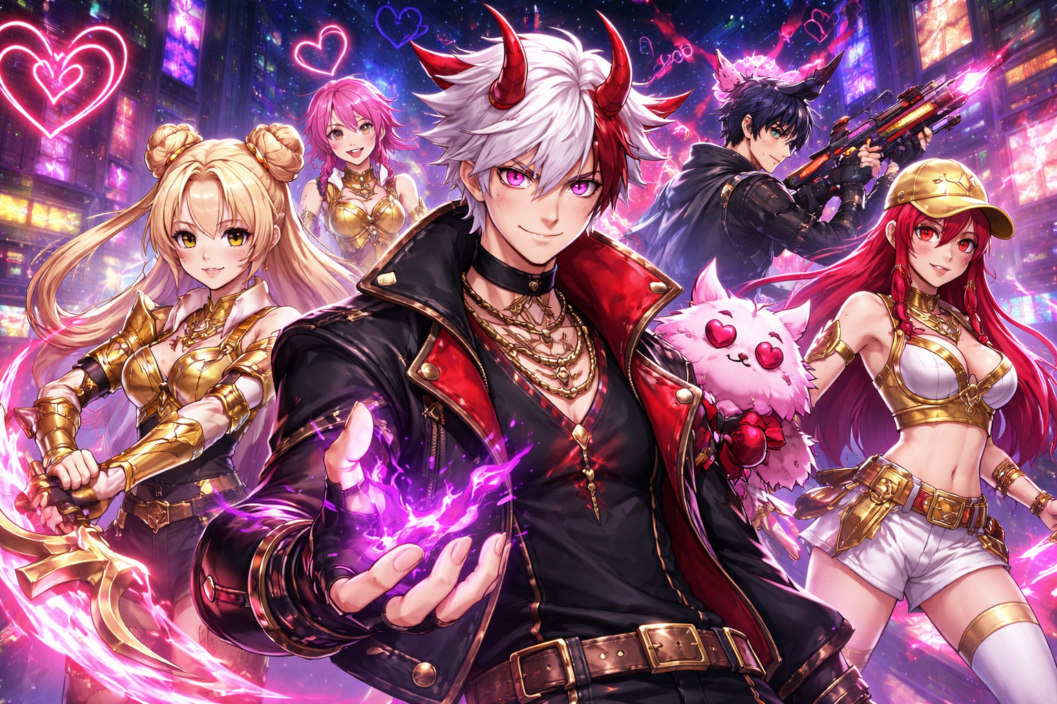 Ilustración de Fortnite x K-Pop Demon Hunters con Jinu villano al centro, energía demoníaca neón y skins doradas en una ciudad nocturna.