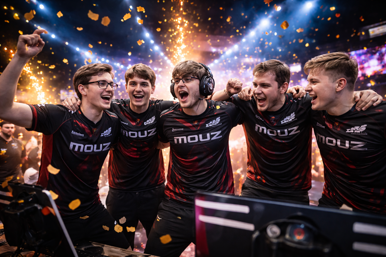 Jugadores de MOUZ celebrando la victoria ante G2 en IEM Krakow 2026, con confeti y luces de escenario.
