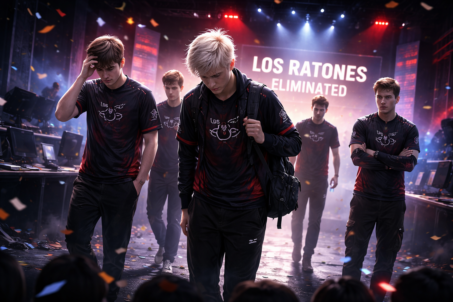 Baus saliendo del escenario con gesto serio tras la eliminación de Los Ratones en LEC Versus, con luces de torneo y confeti de fondo.