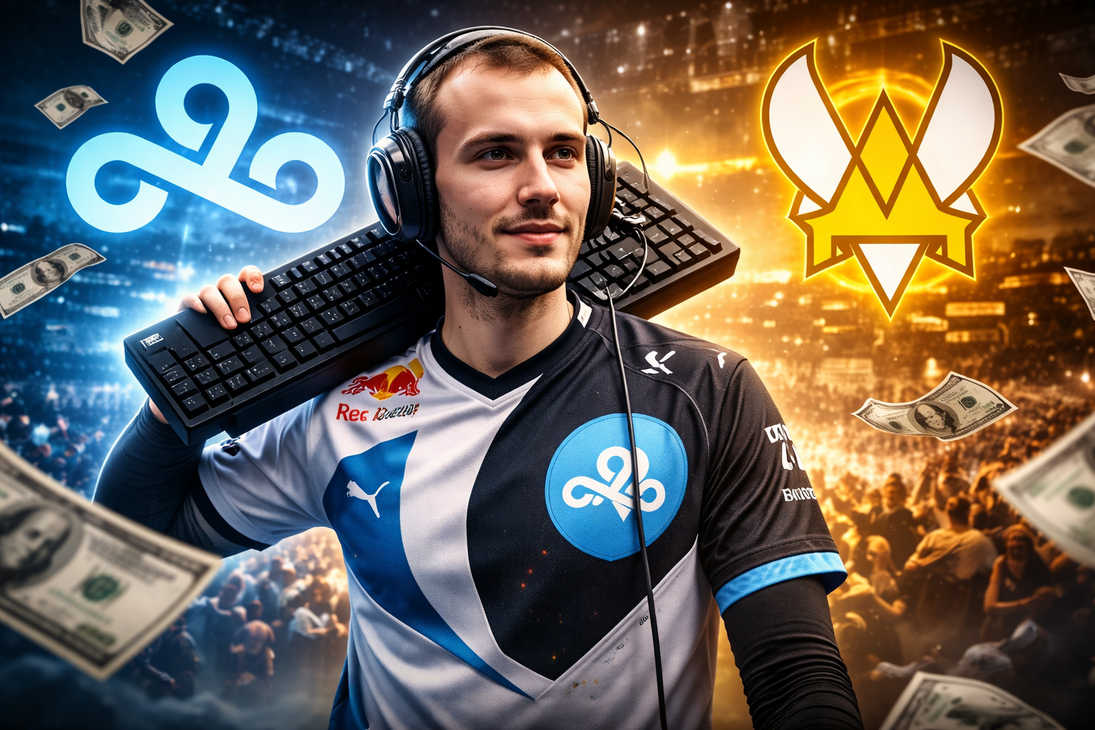 Perkz en escena de esports con colores de Cloud9 y Vitality, representando el buyout y su salida del equipo